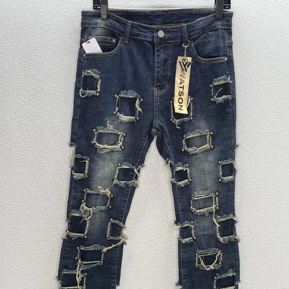 Watson Men's Stacked Studded Jeans Blue Size 34 | Designer Denim - Picture 1 of 7